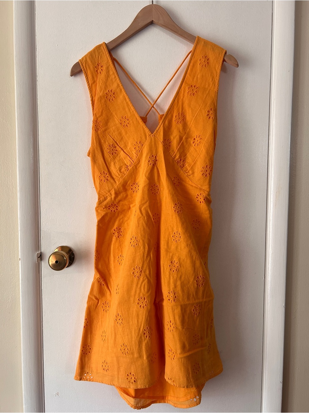 Gold Sleeveless V-Neck Eyelet Mini Sundress